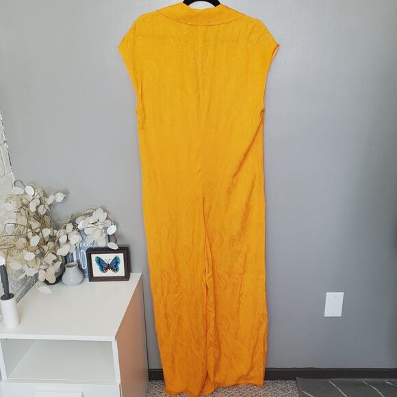 Zara Jumpsuit Womens Size Large Orange Yellow Jacquard Full Length Frayed Hem - Picture 4 of 11